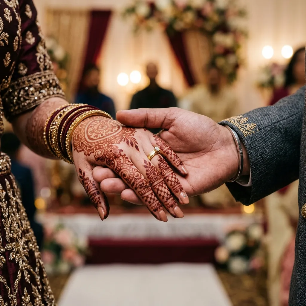 Hands decorated with henna and wedding rings